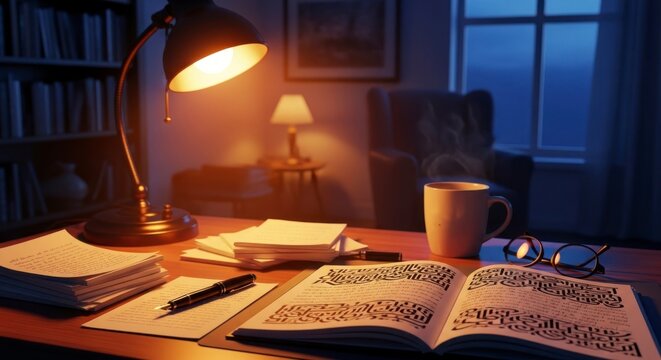 Espace de travail confortable avec des livres de bureau &eacute;clair&eacute;s et une tasse de caf&eacute; au cr&eacute;puscule ou la nuit