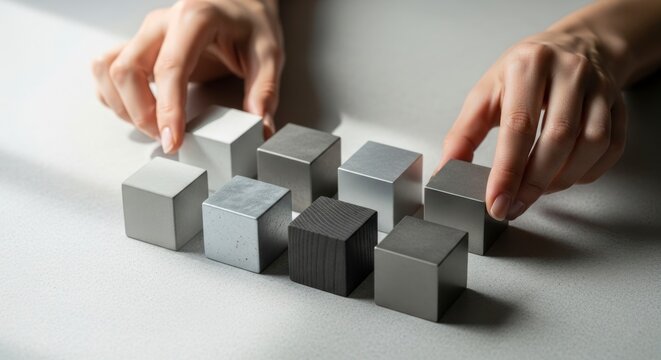 Des mains disposent des cubes m&eacute;talliques sur une surface blanche aux nuances de gris vari&eacute;es.
