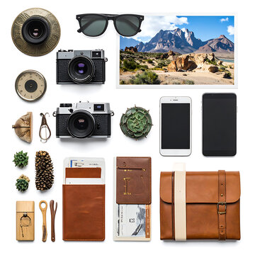 Flat lay collection of travel essentials including vintage cameras, sunglasses, smartphone, passport holder, leather satchel, and a scenic mountain landscape photo on white background
