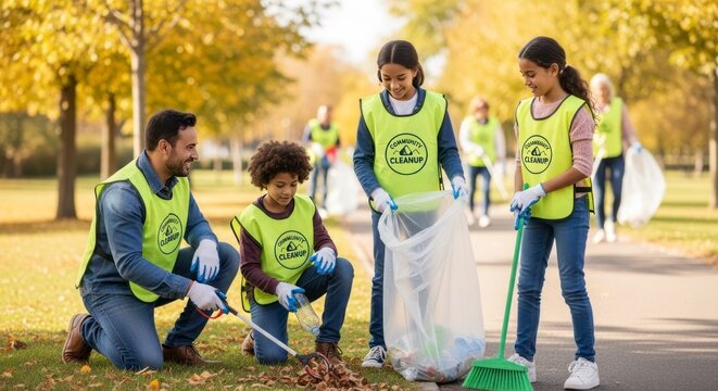 Des b&eacute;n&eacute;voles de la communaut&eacute; nettoient le parc avec des sacs poubelles et des outils &agrave; l'ext&eacute;rieur.