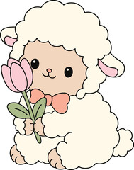 Fototapeta premium Cute Sheep Holding Tulip Illustration