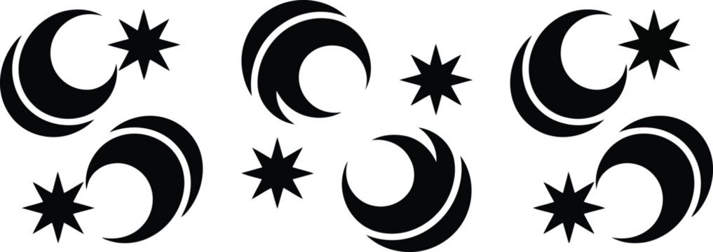 Black crescent moons and stars graphic elements collection
