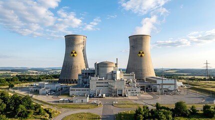 Obraz premium Nuclear power plant with cooling towers and radiation warning symbols daytime exterior