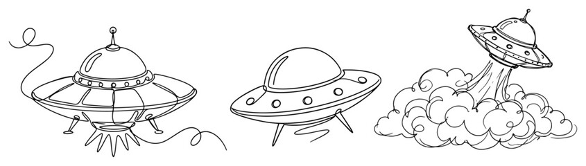 UFO flying saucers and alien spaceships collection in minimalist line art style © Wuszu