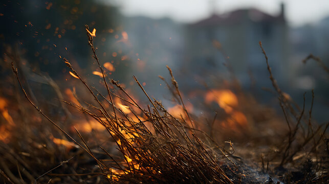 Close-up view of dry brown grass and brush engulfed in flames, with smoke rising and sparks flying, emphasizing fire hazards and destruction