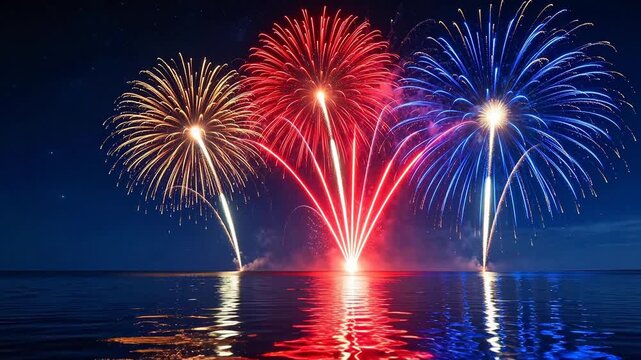 Colorful fireworks over water at night