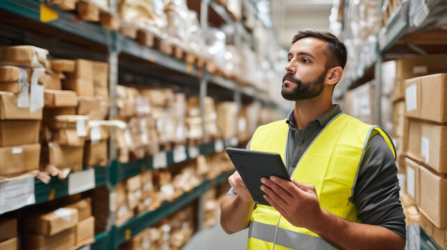 Warehouse worker using tablet for inventory management in modern storage facility, logistics control, supply chain technology, order tracking, stock management and distribution cen