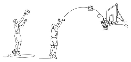 Basketball player shooting a ball into the hoop in a continuous line art style © Wuszu