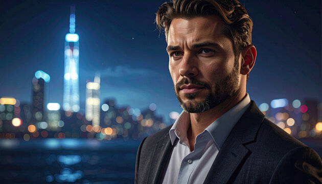 Portrait d'un homme d'affaires avec les lumi&egrave;res de la ville