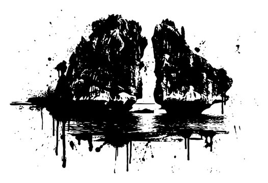 Rocky island landscape in the ocean with ink splatters and grunge textures