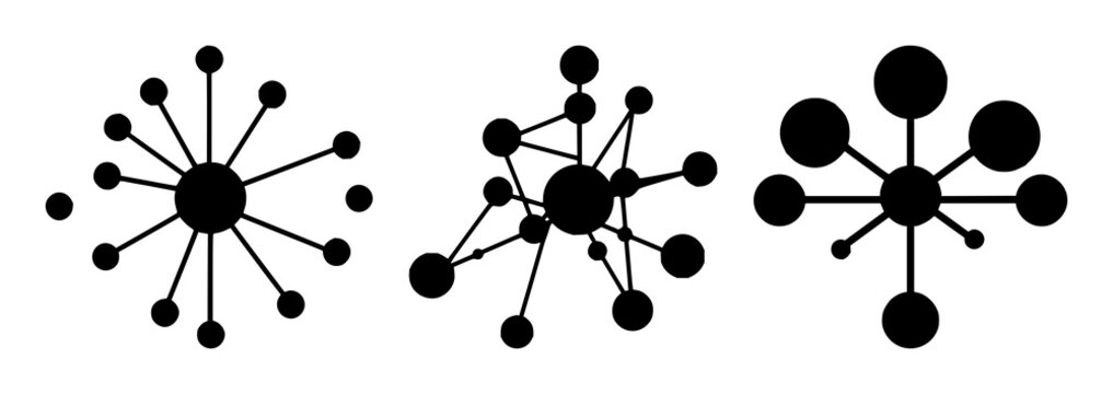 Networking node icon set with solid black design on white background featuring network illustration, digital communication, abstract topology with minimalist style and monochrome