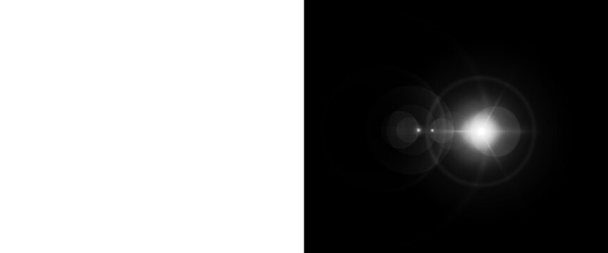 Cinematic lens flare overlay on black background, bright white light leak with anamorphic circles, glowing optical sun star effect for photo editing