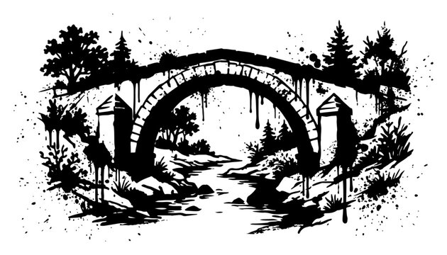 Ancient stone arch bridge over river in forest with grunge ink splatter style