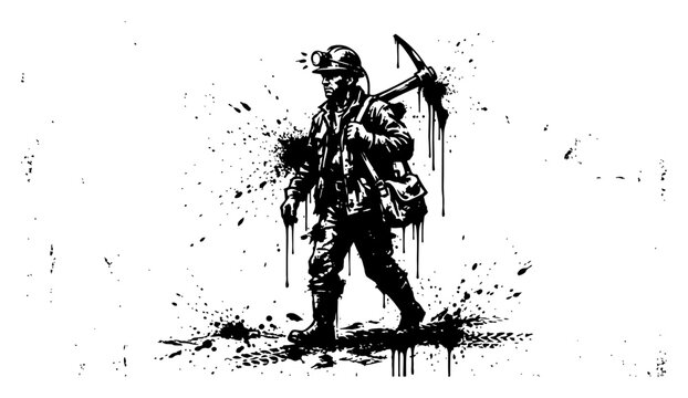 Miner walking with pickaxe over shoulder in artistic ink splatter style