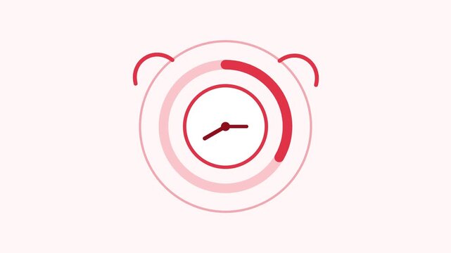 A minimalist illustration of an alarm clock on a pink background shows time.