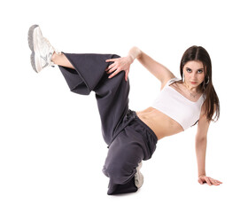 Naklejka premium Young woman performing hip-hop dance on white background