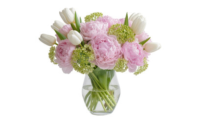 Obraz premium Isolated elegant bouquet of fresh pink peonies, white tulips and green flowers in glass vase
