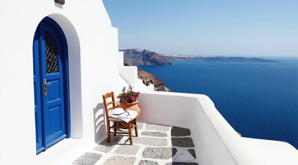 Fototapeta premium White mediterranean house with blue door and chair on balcony overlooking deep blue sea and island landscape. Clear sky above bright sunny day.