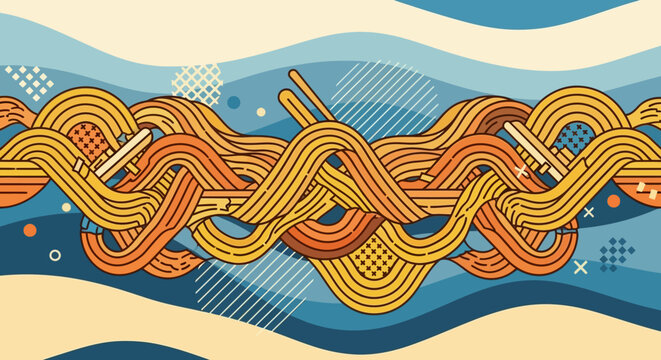 Abstract wavy noodles with chopsticks and geometric patterns