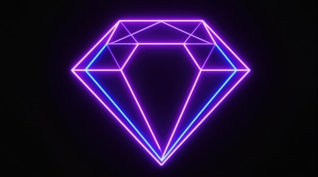 Luminous neon diamond outline in purple and blue. Geometric shape glows brightly on dark background. Abstract digital art, modern futuristic style.