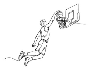 Basketball player dunking ball into hoop in minimalist continuous line art style © Wuszu