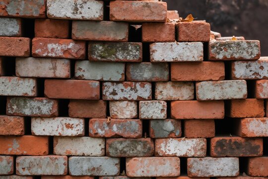 Stack of old weathered bricks in varying shades of red and white. Some bricks show signs of wear, moss, and chipped surfaces, suggesting a construction or demolition site.