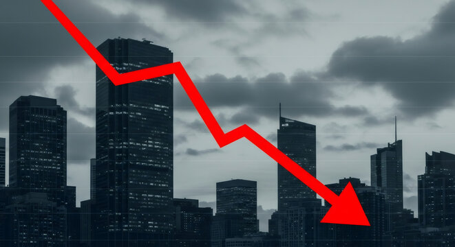 Red arrow pointing downward on financial graph. Business chart showing recession in economy.