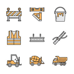 A set of nine flat-style construction icons including a safety vest, dump truck, paint bucket, and forklift, perfect for industrial projects. © Ohim