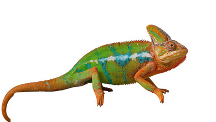 Fototapeta premium Isolated vibrant chameleon with striking orange, green, and blue scales on its body