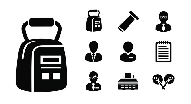 Collection of Black and White Icons Featuring a Gym Bag and Business Related Symbols vector illustration