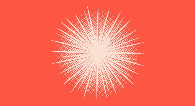 Radiant burst, retro starburst pattern, halftone effect, coral background