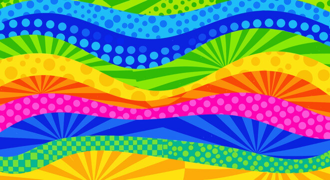 Vibrant Wavy Stripes Pattern with Colorful Geometric Shapes and Dots