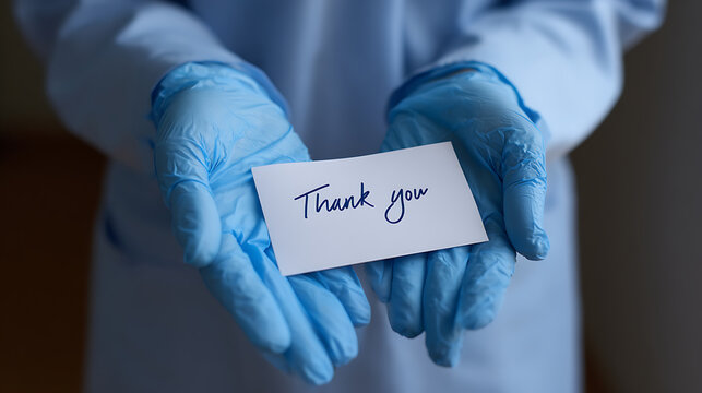 Medical professional in blue protective gloves holds up a handwritten 'Thank you' note, showing appreciation and gratitude, clean and clear message