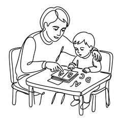 Obraz premium Mother teaching young son alphabet at desk in minimalist continuous line art style