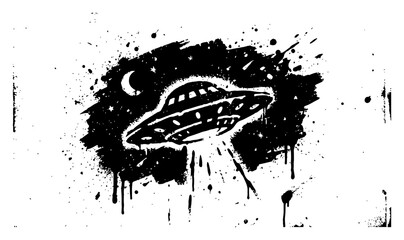 Flying saucer UFO in outer space with moon and stars in dripping paint graffiti style © Wuszu