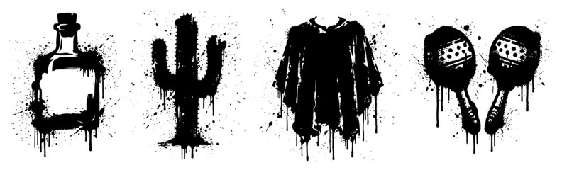 Mexican cultural symbols including tequila cactus poncho and maracas with dripping ink style © Wuszu