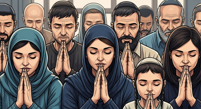Diverse group of people praying together with eyes closed and hands clasped.
