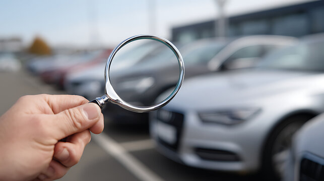 Hand Magnify Vehicle Rows at Outdoor Lot. Inspection of Second-Hand Vehicles for Sale. Focus on Quality and Detail in Automotive Market
