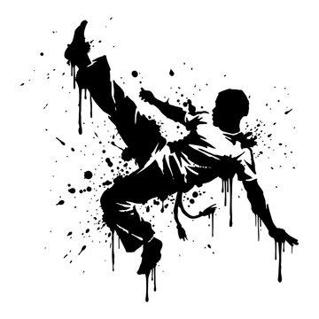 Capoeira fighter performing acrobatic martial arts move with dripping ink and grunge splatter style