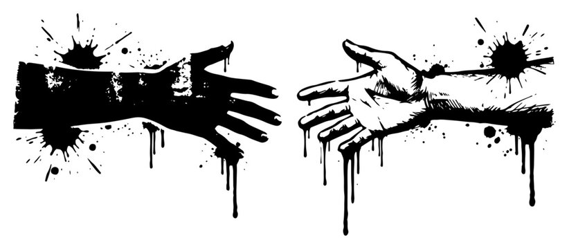 Human hands reaching towards each other in dripping ink and grunge splatter style