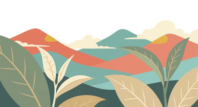 Detailed illustration of green and beige tea leaves in foreground.