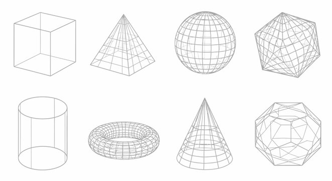 Geometric Shapes Wireframe: Cube, Pyramid, Sphere, Cone, Torus