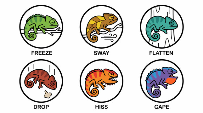 A colorful illustration of six chameleons exhibiting various behaviors like freeze, sway, flatten, drop, hiss, and gape in a natural setting with vibrant emotions.