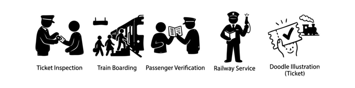 Vector set of black and white hand-drawn doodle icons for railway services including ticket inspection, train boarding, and passenger verification on a clean white background.