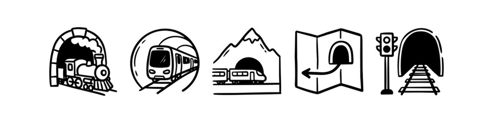 Hand-drawn vector icons of trains and tunnels, including a locomotive, subway, mountain rail, and travel map. Minimalist black and white doodle style for transportation and logistics themes. © Trends