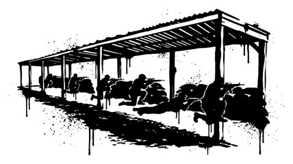 Soldiers training at shooting range under shelter with dripping ink and grunge splatter style © Wuszu