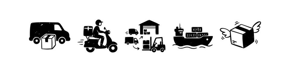 Set of hand-drawn logistics and delivery icons featuring a van, scooter courier, warehouse operations, cargo ship, and express flying package. Simple black ink doodles for shipping concepts. © Trends