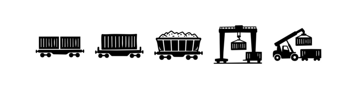 Set of hand-drawn black logistics icons including freight train wagons, containers, gantry crane, and container loader. Minimalist silhouette symbols for shipping, industry, and trade design.