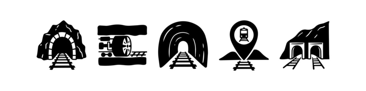 Collection of black and white icons representing railway tunnels, underground excavation, and train tracks. Features a tunnel boring machine, mountain passages, and rail transport symbols.