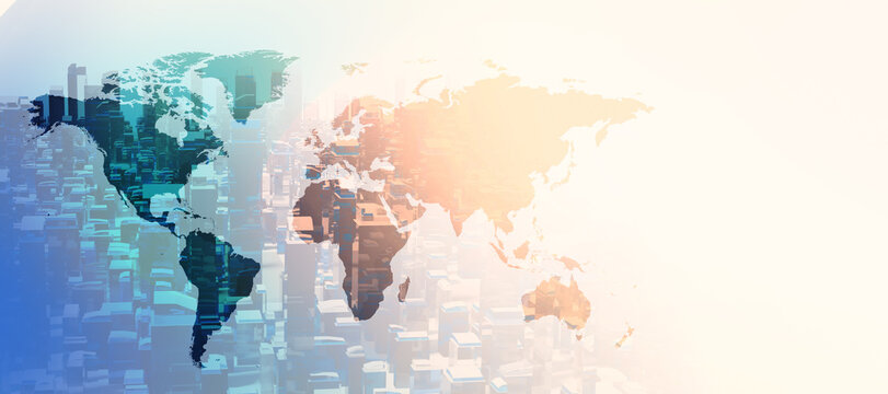 Abstract global business world map on futuristic blue city skyline vector background